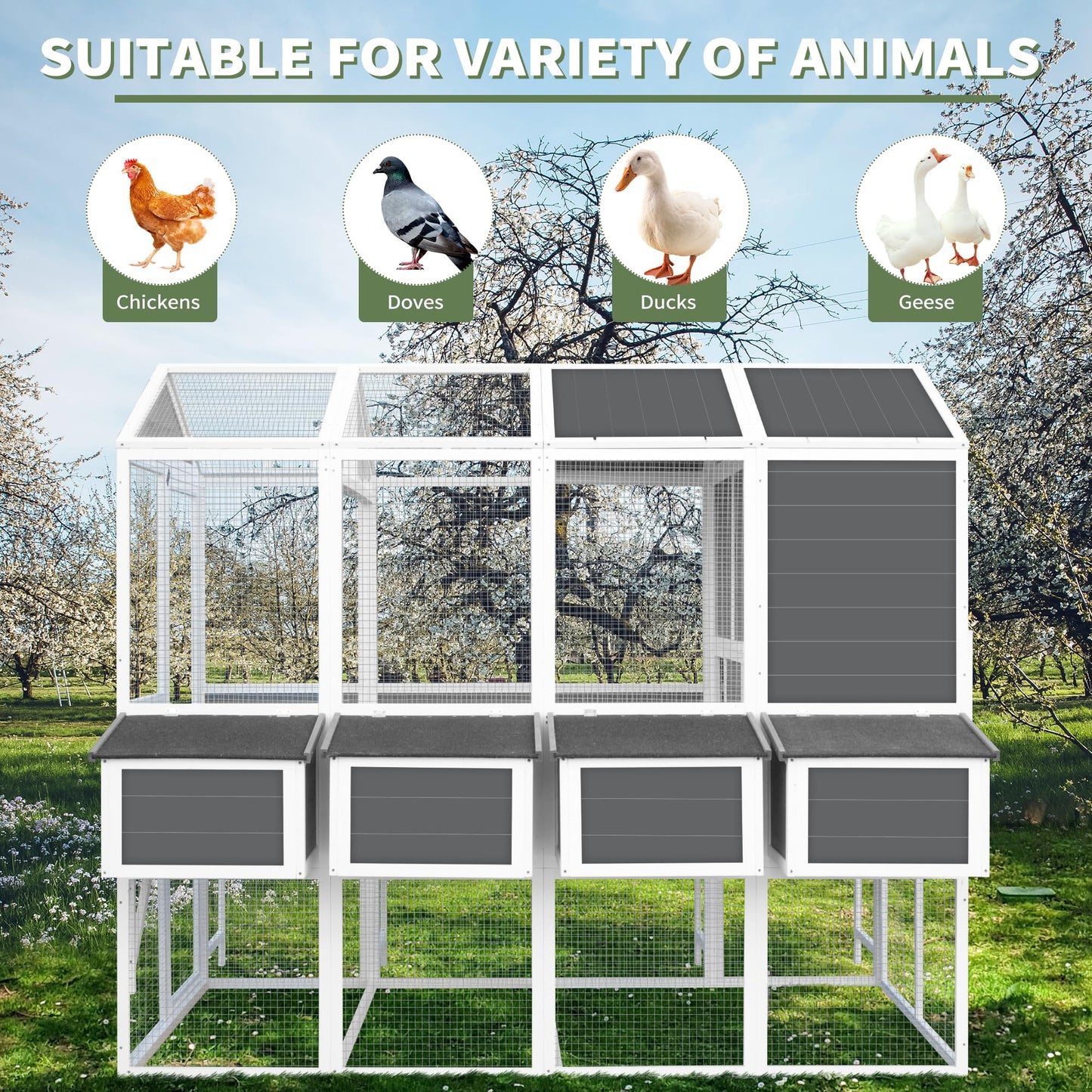 150" Chicken Coop with Two Nesting Boxes and Sliding Door,Outdoor Wooden Extra Large Hen House w/Built-in Slide-Out Tray,Rust-Proof Metal Wire Poultry Cage,5 Perches,Gray