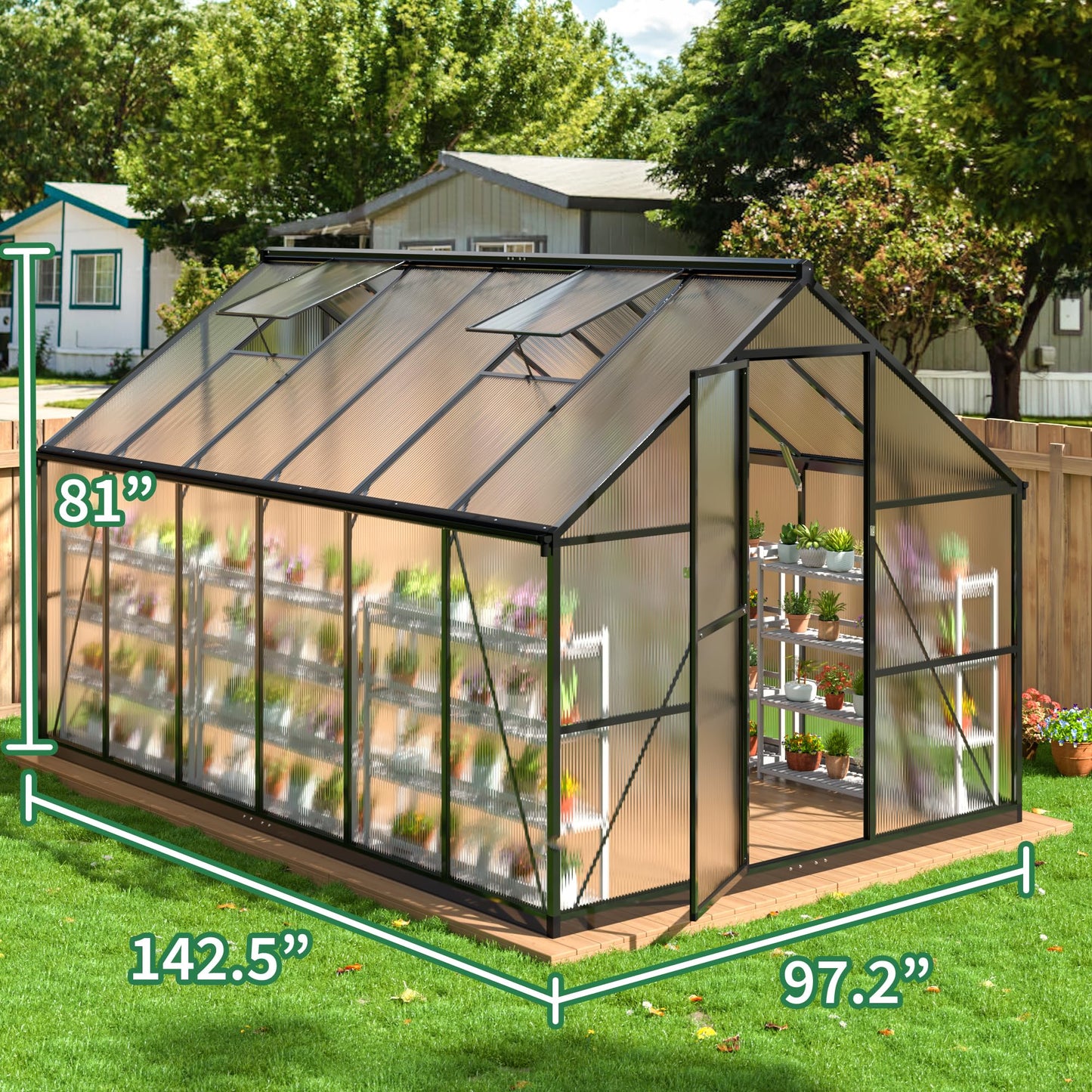 6x7.5 FT Greenhouse for Outdoors, Polycarbonate Greenhouse with Quick Setup Structure and Roof Vent, Aluminum Large Walk-in Greenhouse for Outside Garden Backyard, Black