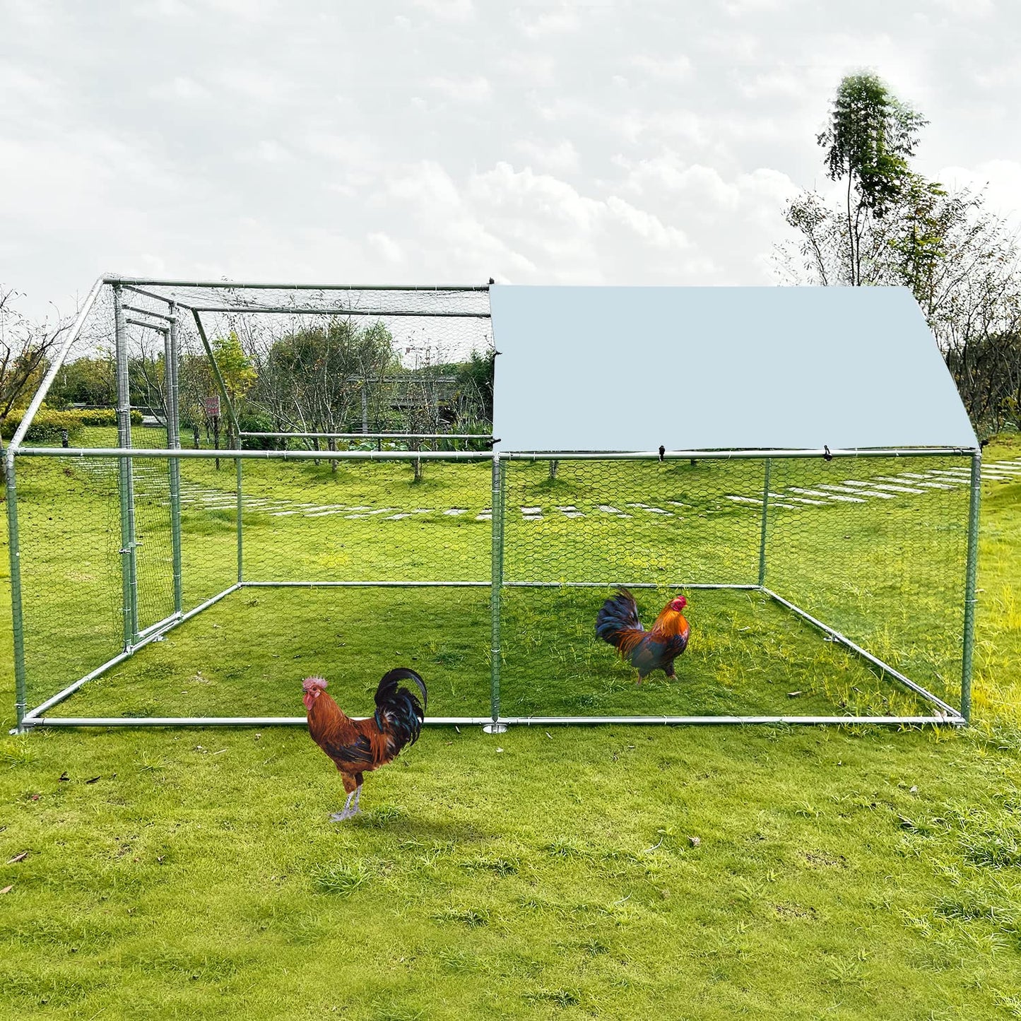 Large Metal Chicken Coop Walk-in Poultry Cage Chicken Run Pen Dog Kennel Duck House with Waterproof and Anti-Ultraviolet Cover for Outdoor Farm Use(9.8' L x 13.1' W x 6.4' H)